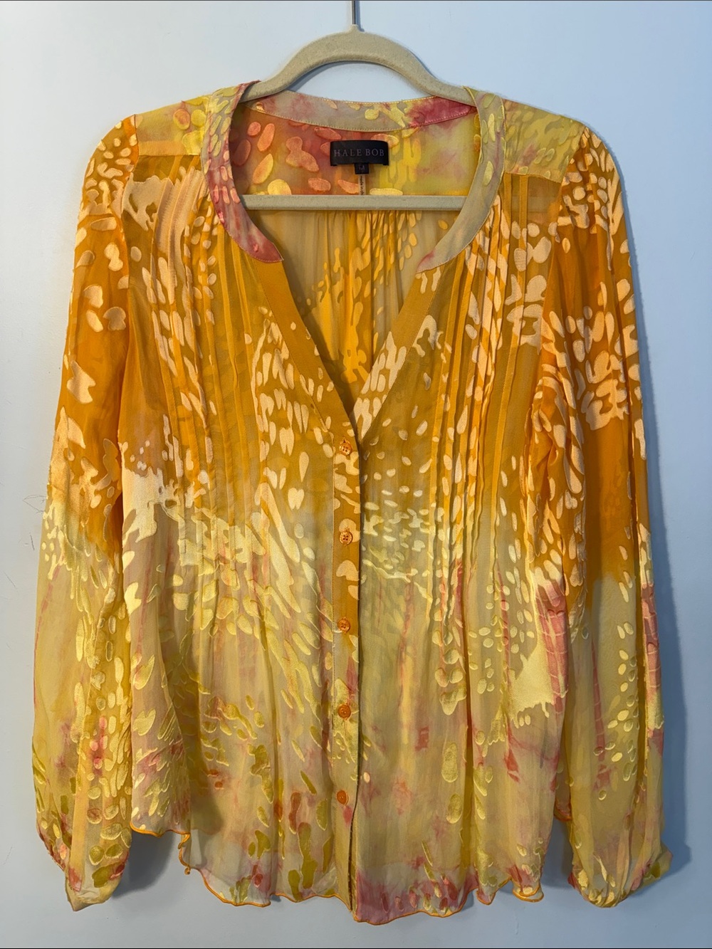 Hale Bob Yellow Orange Floral Pleated V-Neck Blouse